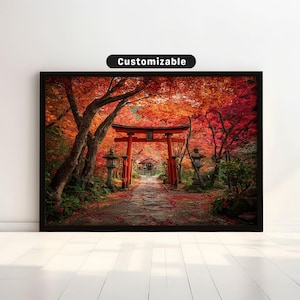 Autumn maple trees framing traditional torii gate path | Japanese Wall Art Print | Zen Asian Decor