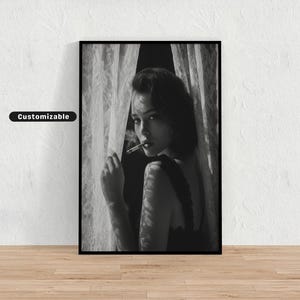 Woman gazing through lace curtains with cigarette in hand, Black and White Wall Art, Glamour Poster, Vintage Photography Print