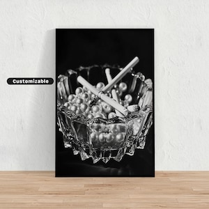 Crystal ashtray full of cigarette butts and pearls, Black and White Wall Art, Glamour Poster, Vintage Photography Print