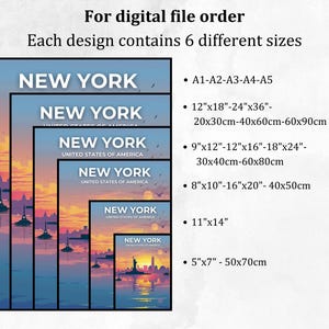 May include: A digital file download of six different sizes of a New York City skyline illustration. The illustration features a sunset over the city with the Statue of Liberty in the foreground. The text "NEW YORK" appears multiple times in the image.