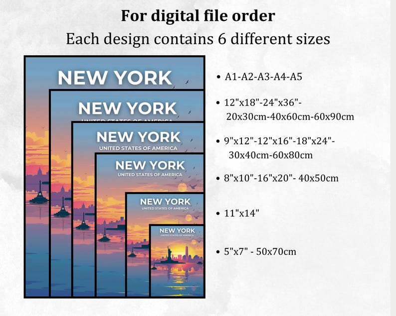 May include: A digital file download of six different sizes of a New York City skyline illustration. The illustration features a sunset over the city with the Statue of Liberty in the foreground. The text "NEW YORK" appears multiple times in the image.