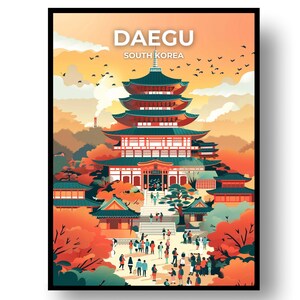 May include: A framed art print featuring a stylized illustration of a pagoda in Daegu, South Korea. The artwork showcases a multi-tiered structure with red and green accents, surrounded by autumn foliage and a crowd of people. The text "DAEGU SOUTH KOREA" is at the top.