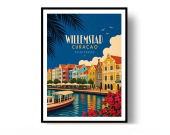 May include: A framed travel poster of Willemstad, Curaçao, featuring colorful colonial buildings along a waterfront, a boat on the water, palm fronds, and red flowers. The text reads WILLEMSTAD CURAÇAO DUSHI KÒRSOU in a stylized font against a blue sky.