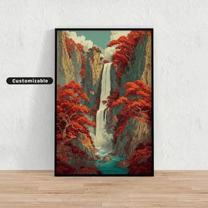 Tall waterfall in stylized japanese print style with vibrant cliffs | Japanese Wall Art Print | Zen Asian Decor
