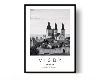 Visby Poster, Visby Print, Travel Poster, Sweden Poster, black and white art