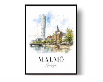 Malmö Sweden Watercolor Travel Poster Print, Wall Decor
