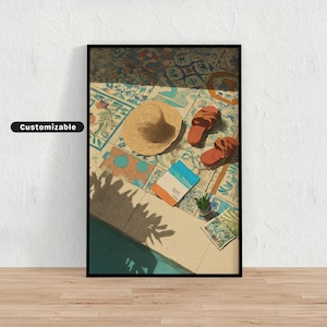 Fliesenboden mit vereinzelten Sandalen, Sonnenhut und Postkarten, Mediterrane Bunte Wandkunst, Tropischer Illustrations-Druck, modernes Boho-Haus D