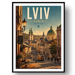 May include: A framed travel poster of Lviv, Ukraine, featuring a street scene with a tram, historic buildings, a green dome, and a cafe table in the foreground. The text reads LVIV, ЛЬВІВ, UKRAINE, and KAVA LVIV COFFEE. The scene is bathed in warm, golden sunlight.