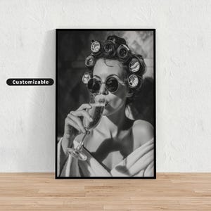 Woman with curlers and sunglasses drinking champagne in bath, Black and White Wall Art, Glamour Poster, Vintage Photography Print