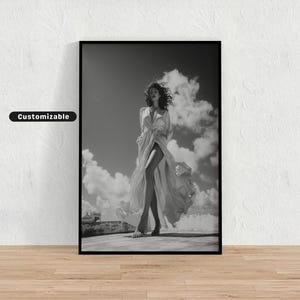 Woman standing on a rooftop in silk robe, Black and White Wall Art, Glamour Poster, Vintage Photography Print