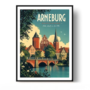 Könnte beinhalten: Ein gerahmtes Reiseplakat der Stadt Arneburg in Deutschland mit einer roten Backsteinbrücke über einem Fluss, historischen Gebäuden, einem hohen Kirchturm und grünen Bäumen unter einem blauen Himmel mit dem Text ARNEBURG DEUTSCHLAND.