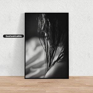 Close-up of wet hair dripping on a white silk sheet, Black and White Wall Art, Glamour Poster, Vintage Photography Print