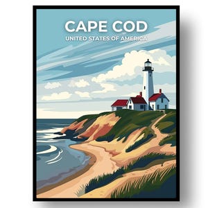 Può includere: Una stampa incorniciata con una scena costiera di Cape Cod, Massachusetts. L'opera raffigura un faro bianco con la parte superiore nera, edifici con tetti rossi e una spiaggia sabbiosa. Il cielo è blu con nuvole bianche e il testo "CAPE COD UNITED STATES OF AMERICA" è in alto.
