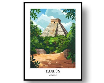 Op de afbeelding: Een ingelijste reisposter met een gestileerde illustratie van een Maya-piramide omringd door weelderige groene bomen en een zandpad onder een blauwe lucht met witte wolken. De tekst CANCÚN MEXICO staat in zwarte letters onderaan gedrukt.