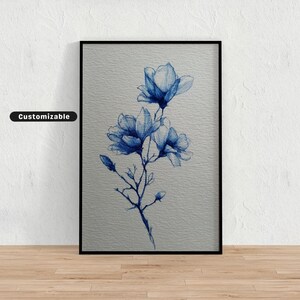 Delicato schizzo floreale in inchiostro blu, texture di carta pulita, stampa artistica da parete neutra, arredamento moderno minimalista