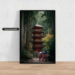 Traditional pagoda temple surrounded by forest with visitors in kimono | Japanese Wall Art Print | Zen Asian Decor
