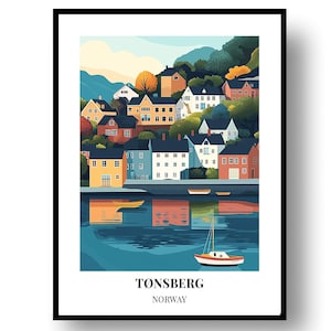 May include: A framed art print of Tønsberg, Norway. The illustration depicts colorful buildings on a hillside overlooking a calm body of water with boats. The artwork has a minimalist style with a black frame.