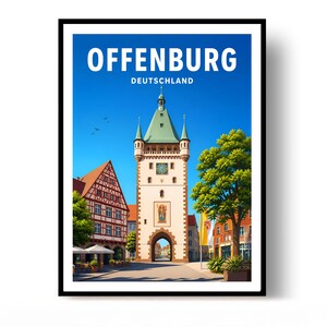 以下が含まれることがあります： OFFENBURG DEUTSCHLANDという文字が上部に記された、ドイツのオッフェンブルクの旅行ポスター。イラストには、緑色の屋根を持つ背の高い明るい色の時計塔が描かれており、その周囲には伝統的な建物や木々が立ち並んでいます。