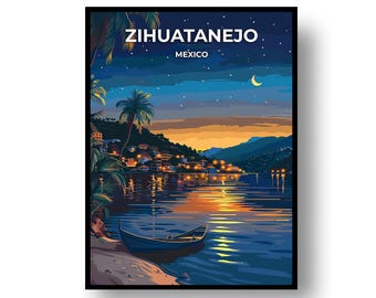 Póster de viaje de Zihuatanejo, México (impresión enmarcada o archivo digital)