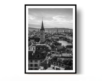 Zurich skyline Poster Switzerland Travel Print black and white Wall Art Home Decor Gift