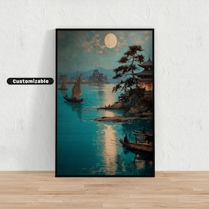 Japanese moonlit seascape with boats and temple in distance | Japanese Wall Art Print | Zen Asian Decor