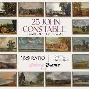 May include: A collage of 25 paintings by John Constable, displayed in a grid format. The paintings are all landscapes, featuring scenes of English countryside, rivers, and trees. The text "25 JOHN CONSTABLE SAMSUNG TV FRAME 16:9 RATIO DIGITAL DOWNLOAD Sakura Frame TVART" is displayed in the center of the collage.