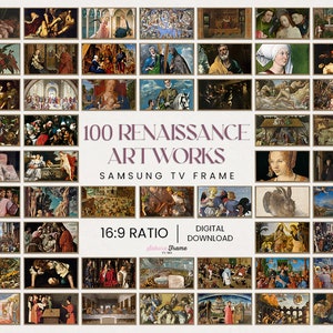 Puede incluir: Un collage de 100 imágenes de obras de arte del Renacimiento, dispuestas en formato de cuadrícula. El texto "100 OBRAS DE ARTE DEL RENACIMIENTO" está en el centro de la imagen, con el texto "SAMSUNG TV FRAME" debajo. El texto "16:9 RATIO | DESCARGA DIGITAL" está debajo de las imágenes de las obras de arte.