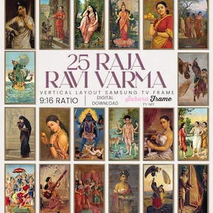 Pode incluir: Uma coleção de 25 pinturas de Raja Ravi Varma, exibidas em um layout vertical. A obra de arte apresenta várias figuras em trajes tradicionais, com cores vibrantes e representações detalhadas. O texto "25 RAJA RAVI VARMA" é visível.