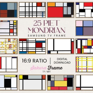 Könnte beinhalten: Eine Collage aus 25 digitalen Kunstrahmen mit abstrakten geometrischen Designs in verschiedenen Farben, inspiriert von den Werken von Piet Mondrian. Die Rahmen sind für Samsung-Fernseher konzipiert und haben ein 16:9-Format. Der Text "25 PIET MONDRIAN SAMSUNG TV FRAME 16:9 RATIO DIGITAL DOWNLOAD Sakura Frame TVART" wird unter den Rahmen angezeigt.