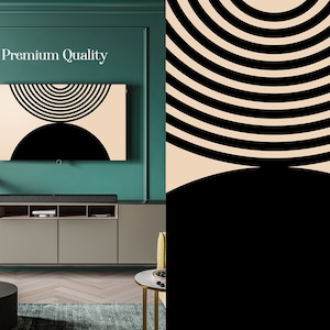 May include: A modern living room with a teal wall, a flat screen TV with a black and beige abstract design, a grey entertainment center with a soundbar, a black side table, and a green rug.