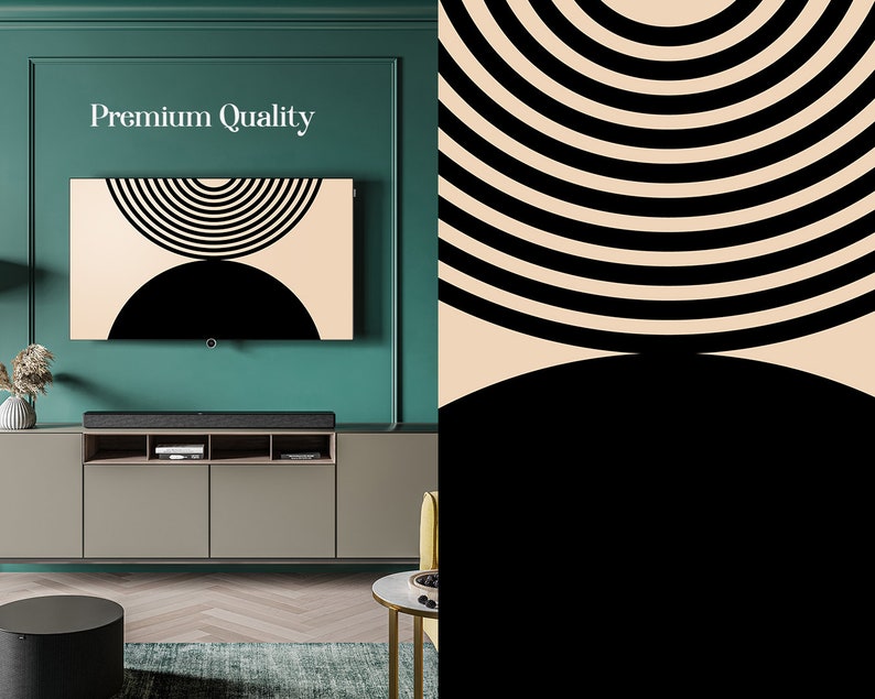 May include: A modern living room with a teal wall, a flat screen TV with a black and beige abstract design, a grey entertainment center with a soundbar, a black side table, and a green rug.