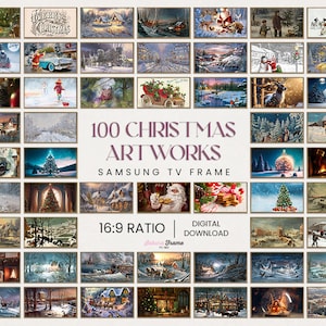 May include: A digital download of 100 Christmas artworks designed for a Samsung TV frame. The images showcase festive scenes, including snowy landscapes, Santa Claus, and Christmas decorations. Text reads "100 CHRISTMAS ARTWORKS".