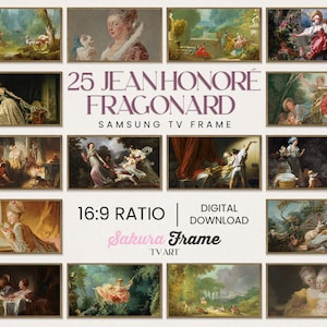 May include: A collage of 25 paintings by Jean-Honoré Fragonard, displayed in a grid format. The paintings are framed in gold and feature scenes of people in various settings, including gardens, interiors, and landscapes. The text "25 JEANHONORÉ FRAGONARD SAMSUNG TV FRAME 16:9 RATIO DIGITAL DOWNLOAD Sakura Frame TVART" is displayed at the bottom of the collage.