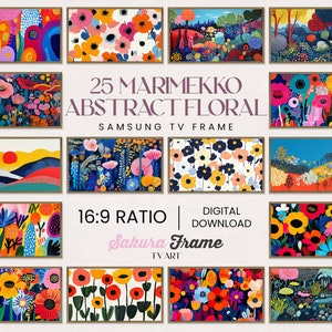 以下が含まれることがあります： さまざまな色で抽象的な花柄のデザインが施された、25枚のデジタルアートプリントのコレクションです。プリントは、Samsung TVフレームとして使用するためにデザインされています。画像の中央には「25 MARIMEKKO ABSTRACT FLORAL」というテキストが表示されています。メインテキストの下には「SAMSUNG TV FRAME」というテキストが表示されています。画像の左下隅には「16:9 RATIO」というテキストが表示されています。画像の右下隅には「DIGITAL DOWNLOAD」というテキストが表示されています。画像の中央には「Sakura Frame」というテキストが表示されています。「Sakura Frame」というテキストの下には「TV ART」というテキストが表示されています。