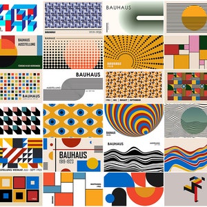May include: A collection of 20 Bauhaus-inspired graphic design posters featuring geometric shapes, patterns, and colors. The posters include text such as "Bauhaus", "Ausstellung", and "1919-1923".