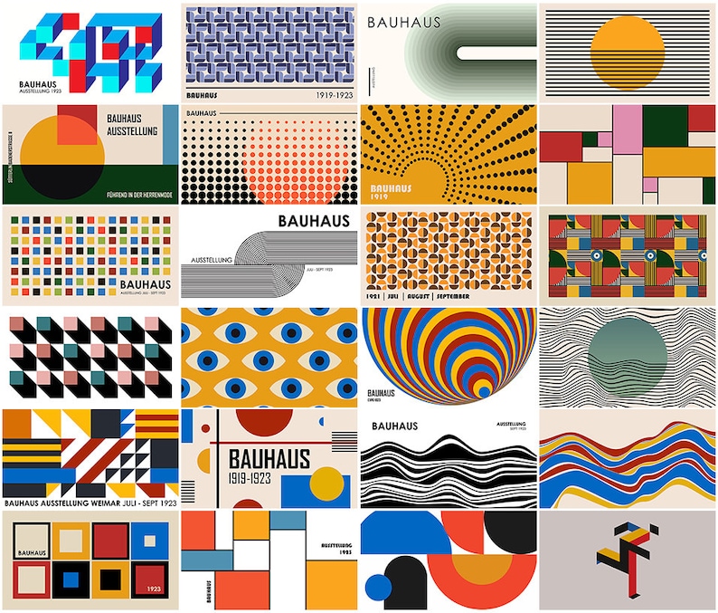 May include: A collection of 20 Bauhaus-inspired graphic design posters featuring geometric shapes, patterns, and colors. The posters include text such as "Bauhaus", "Ausstellung", and "1919-1923".