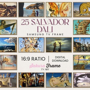 Pode incluir: Uma colagem de 25 pinturas de Salvador Dalí em uma proporção de 16:9, perfeita para uma moldura de TV Samsung. O texto "25 Salvador Dalí" e "Samsung TV Frame" é exibido em uma fonte rosa. O texto "16:9 Ratio", "Download digital" e "Sakura Frame" é exibido em uma fonte branca. O texto "TV Art" é exibido em uma fonte branca menor.