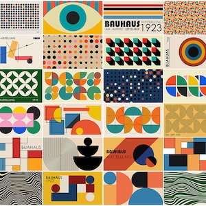 May include: A collection of 25 Bauhaus-inspired posters featuring geometric shapes, patterns, and colors. The posters include text such as "Bauhaus Ausstellung" and "1923".
