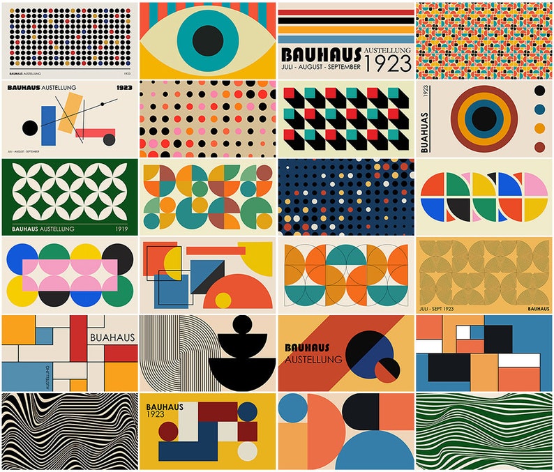 May include: A collection of 25 Bauhaus-inspired posters featuring geometric shapes, patterns, and colors. The posters include text such as "Bauhaus Ausstellung" and "1923".