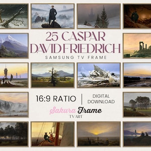 May include: A collage of 25 paintings by Caspar David Friedrich, displayed in a grid format. The paintings are all in a similar style, with a focus on nature and landscapes. The text "25 CASPAR DAVID FRIEDRICH SAMSUNG TV FRAME 16:9 RATIO DIGITAL DOWNLOAD Sakura Frame TV ART" is displayed in the centre of the collage.