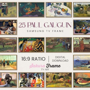 Può includere: Un collage di 25 dipinti di Paul Gauguin, incorniciati in una cornice TV digitale Samsung. Il testo "25 PAUL GAUGUIN" e "SAMSUNG TV FRAME" è visualizzato al centro del collage. Il testo "16:9 RATIO", "DOWNLOAD DIGITALE", e "Sakura Frame TV ART" è visualizzato sotto il collage.