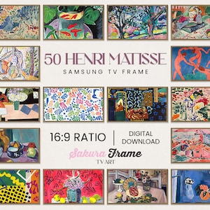 以下が含まれることがあります： グリッド形式で配置されたアンリ・マティスによる50の絵画のコラージュ。絵画は、風景、肖像画、静物画など、さまざまなスタイルと色で描かれています。テキスト「50 Henri Matisse Samsung TV Frame 16:9 Ratio Digital Download Sakura Frame TV Art」は、画像の下に表示されます。