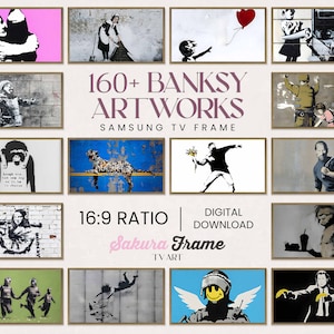 Może przedstawiać: Kolaż 12 oprawionych obrazów z różnymi dziełami Banksy'ego. Tytuł "160+ BANKSY ARTWORKS" jest wyświetlany w kolorze różowym. Tekst "SAMSUNG TV FRAME" jest wyświetlany mniejszą czcionką pod tytułem. Tekst "16:9 RATIO" jest wyświetlany w kolorze białym. Tekst "DIGITAL DOWNLOAD" jest wyświetlany w kolorze białym. Tekst "Sakura Frame" jest wyświetlany w kolorze różowym. Tekst "TV ART" jest wyświetlany w kolorze białym.