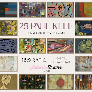 Puede incluir: Un collage de 25 impresiones de arte digital que presentan pinturas abstractas de Paul Klee. Las impresiones están enmarcadas en un marco de madera marrón claro y están dispuestas en una cuadrícula. El texto "25 PAUL KLEE" y "SAMSUNG TV FRAME" se muestra en el centro del collage. El texto "16:9 RATIO", "DESCARGA DIGITAL", y "Sakura Frame TV ART" se muestra debajo del collage.