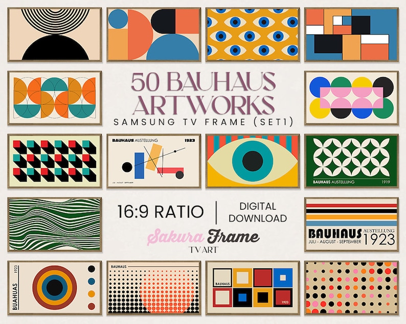 May include: A set of 50 digital art prints in a Bauhaus style. The prints feature geometric shapes, patterns, and colors. The text "50 Bauhaus Artworks Samsung TV Frame (Set 1)" is displayed on the image. The text "16:9 Ratio | Digital Download Sakura Frame TV Art" is also displayed on the image.