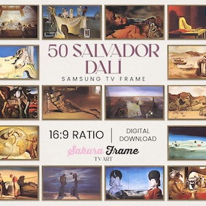 Pode incluir: Uma colagem de 12 pinturas de Salvador Dalí em formato de grade. O título "50 Salvador Dalí" e "Samsung TV Frame" são exibidos no centro da imagem. O texto "16:9 Ratio" e "Download digital Sakura Frame TV Art" é exibido abaixo da colagem.