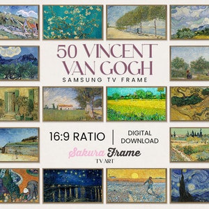 May include: A collage of 50 digital art prints featuring paintings by Vincent van Gogh. The prints are in a 16:9 ratio and are suitable for Samsung TV Frame. The text "50 Vincent van Gogh Samsung TV Frame" and "16:9 Ratio Digital Download Sakura Frame TV Art" is displayed on the collage.