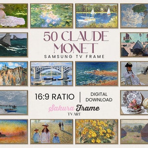 May include: A collage of 50 Claude Monet paintings in a 16:9 ratio, perfect for use as a Samsung TV Frame. The text "50 Claude Monet Samsung TV Frame" and "16:9 Ratio Digital Download Sakura Frame TVART" is displayed on the image.