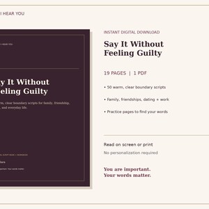 May include: A digital download titled Say It Without Feeling Guilty, a 19-page PDF workbook by Lady Clara. The dark purple cover features white text detailing 50 boundary scripts for family, friendship, dating, and work life.