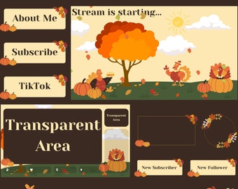 Thanksgiving Twitch Overlay Package, Turkey and Pumpkin Stream Overlays, Animated Cozy Pumpkin Fall Stream Package